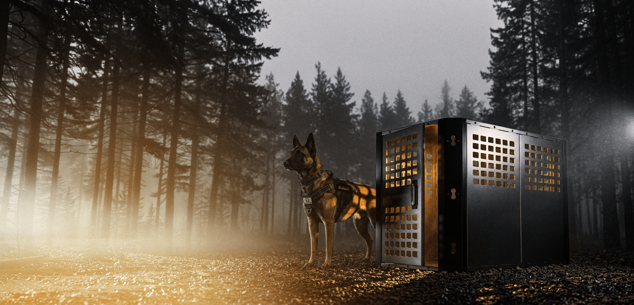 TactiCrate TC-1200 aluminum transport crate — with a working dog